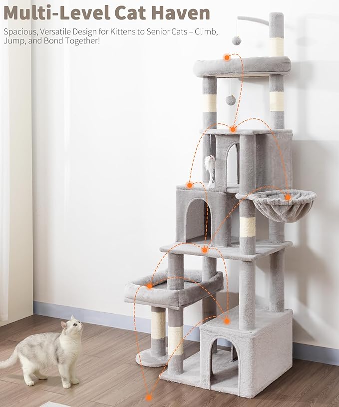 Heavy Duty Cat Tree for Indoor Cat, 74 Inch Cat Tower with Scratching Post, Hanging Basket, Cat Condo with Large Platform for Large Cats, PMT04GY, Grey