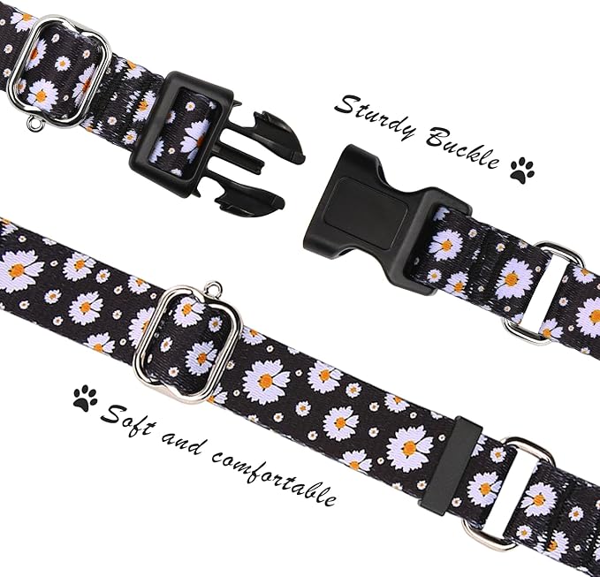 Hikiko Martingale Collar for Dogs with Buckle for Small Medium Large Dogs Soft Nylon Daisy Dog Collars Walking Training（Pure Daisy,Medium）