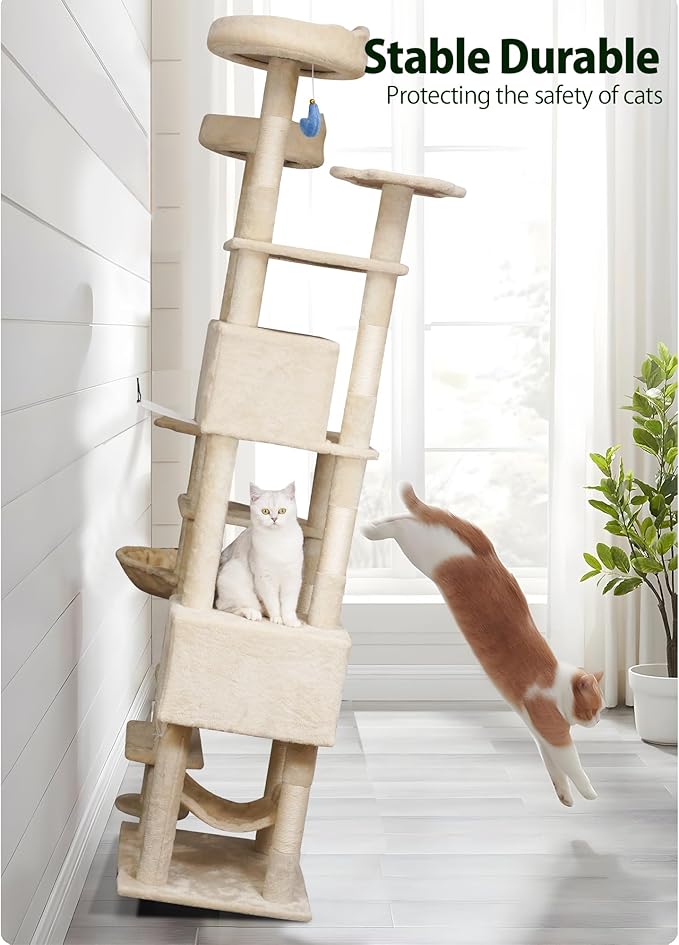 79inch Heavy Duty Cat Tree for Indoor Cats Large Adult, Tall Giant Cat Tower with Scratching Post, Large Perches, Cozy Cat Condos & Hanging Hammocks, Beige