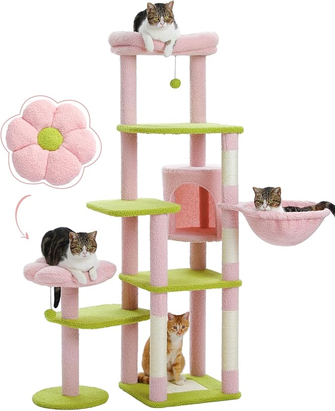 59" Flower Cat Tree, Tall Cat Tree for Large Cat, Multi-Level Cat Tower, Cute Cat Tree for Indoor Cats, Cat Condo with Large Hammock, Scratching Post, and 2 Perches, Pink