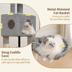 Heybly Cat Tree, 45.3-Inch Cat Tower for Indoor Cats with Large Perch, All-in-One Cat Furniture with Cozy Bed, Hidden Space Cat Condo, Comfy Hammock, Scratching Posts & 3 Pompoms, Light Gray HCT202SW