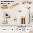 BYBYME 8 Pcs Cat Wall Climbing Set, Wood Cat Furniture with Scratching Posts, Kitten Perch, 100CM Sisal Rope & Cat Bed, Wall Mounted Cat Shelves for Sleeping, Playing & Relaxing（Natural Wood）