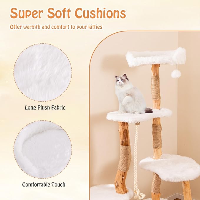 PETSITE 66 inch Tall Wooden Cat Tree Tower, Multi-Level Cat Tower with Jute Scratching Posts, Sisal Rope, Cat Condo, and Dangling Ball, Soft Long Plush, Modern Cat Tree for Indoor Cats Large Adult