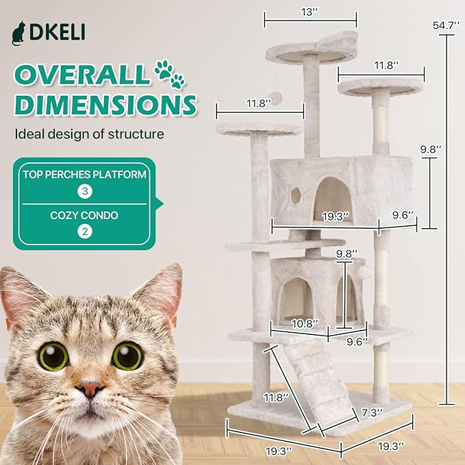 Dkeli Cat Tree for Indoor Cats Condo Tower with Scratching Post Tease Ball Perches Platform Small and Medium 54 Inch Multi-Level, Beige