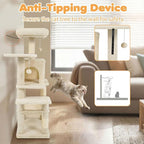 Tangkula Cat Tree Tower, 44 Inch Multi-Level Cat Tower with Sisal Scratching Posts, 2-Door Condo, Padded Top Perch & Hammock, 2 Hanging Balls, Jumping Platforms for Indoor Cats (Beige)