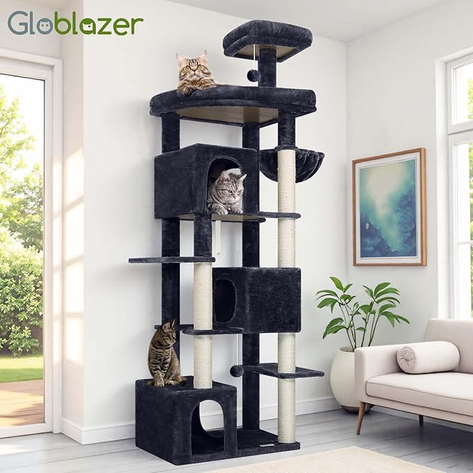 Globlazer Cat Tree for Indoor Cats, 80in Heavy Duty Cat Tower with 6 Full Wrapped Sisal Scratching Posts, 3 Spacious Multi-Level Cat Condos, Oversized Fan-Shaped Perch, S80, Dark Grey