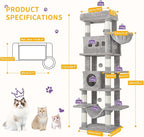 Cat Tree, 66.9" Large Cat Tower for Indoor Cats, Multi-Level Cat House with Condo, 8 Scratching Posts, Hammock, 4 Pom Poms, Light Grey MS17018LG