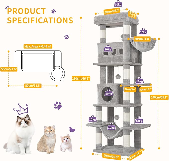 Cat Tree, 66.9" Large Cat Tower for Indoor Cats, Multi-Level Cat House with Condo, 8 Scratching Posts, Hammock, 4 Pom Poms, Light Grey MS17018LG
