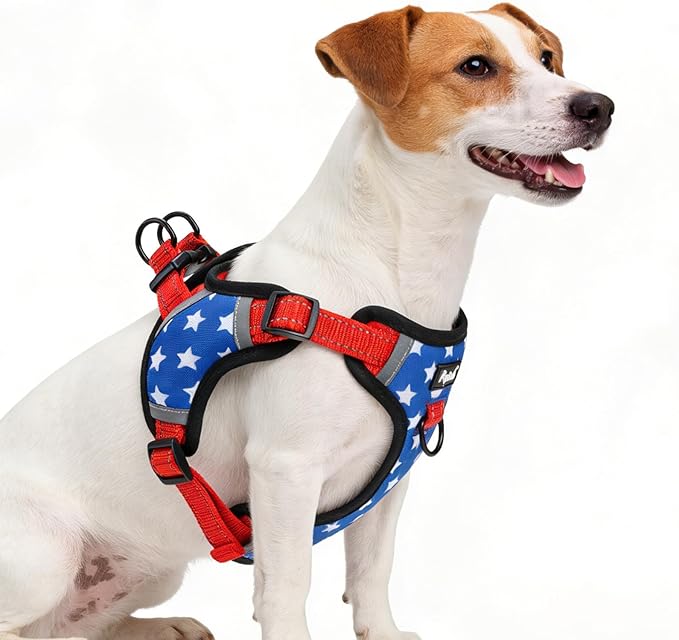 PUPTECK No Pull Dog Harness Small Sized Dog, Adjustable Reflective Escape Proof Easy Control, Comfortable Soft Padded Step in Pet Vest Harness, Blue Stars, S