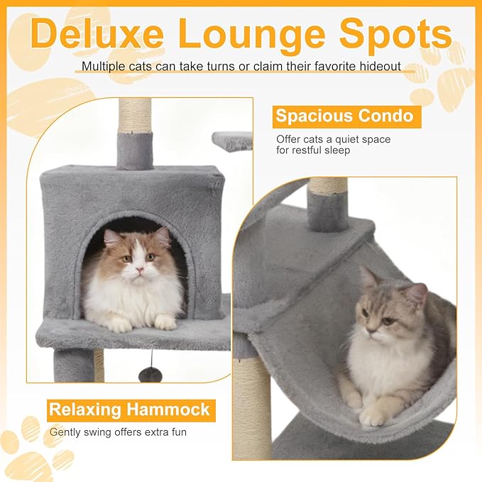 DORTALA Cat Tree for Indoor Cats, 58" Tall Cat Tower with Top Perch, Condo, Hammock, Sisal Scratching Posts, 3 Dangling Balls, Platforms, Multi-Level Pet Climbing Furniture Playground (Light Grey)