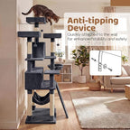 DORTALA Multi-Level Cat Tree, 65" Tall Cat Tower with 3 Plush Perch, 2 Condos, Basket Bed, Sisal Scratching Posts & Board, Hanging Pompoms, Indoor Pet Climbing Furniture (Dark Grey)