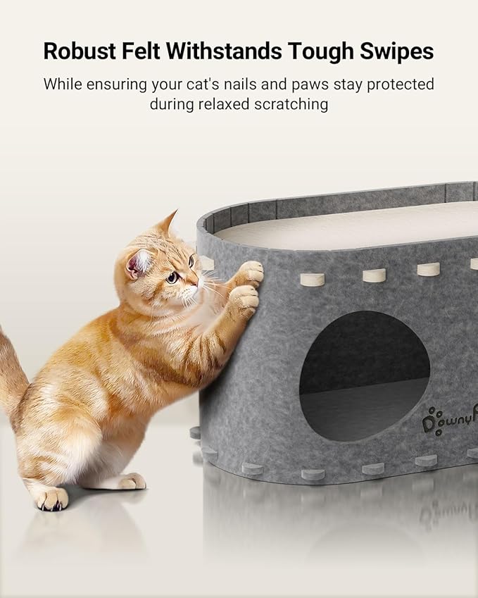 DownyPaws Cat House for Indoor Cats, Cat Bed Cave for Multiple & Large Cats Up to 22 Lbs, Scratch Resistant, Foldable Peekaboo Kitten Caves Tunnel Enclosed Bed, PeekaPurr, Light Gray