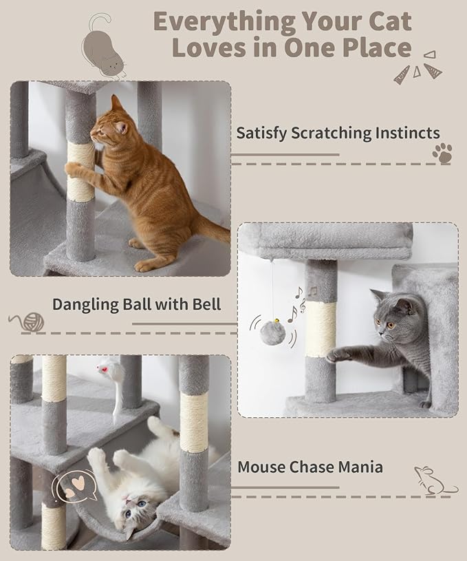 Heavy Duty Cat Tree for Indoor Cat, 71 Inch Large Cat Tower with Scratching Post and Top Perch, Hammock, Big Cat Condo for Adult Cats Kittens, PMT03GY, Grey
