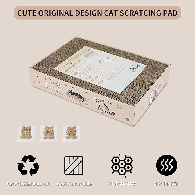 Large Cat Scratcher Pad with Box, Reversible Corrugated Cardboard Scratch Pad, Kitten Scratching Board with Catnip, Durable Recycle Scratching Pads