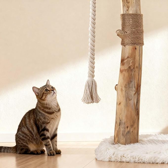 Modern Cat Tree Tower for Indoor Cats, 33" Luxury Cats Trees Natural Solid Wooden with Sisal Scratching Post, Log Style Cat Furniture with Perches Platform & Toy Ball，Primary Colors