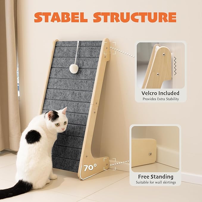 PETKARAY Felt Cat Scratcher, L Shaped Scratching Pad, Scratch Resistant Carpet Scratcher Ramp, Slot-Free Scratch Board with Toy Ball, Dark Grey