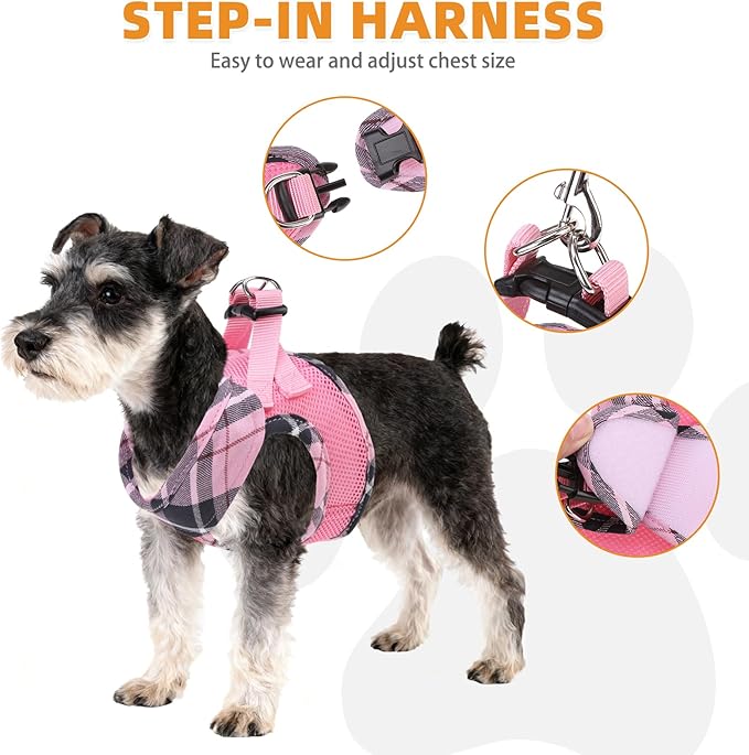 KOOLTAIL Small Dog Harness and Leash Set, Cute Pink Girl Puppy Harness, Step in No Pull Soft Mesh Pet Vest Harness Collar for Small Size Dogs Cats, Plaid Dog Halters for Outdoor Walking, Pink S
