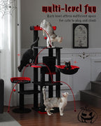 59" Gothic Cat Tree with Coffin Bed-Black Cat Tower for Indoor Cats with Spacious Cat Condo & Cozy Hammock, Spider Hanging Balls, Sisal Scratching Post and 2 Spooky Perches for Halloween