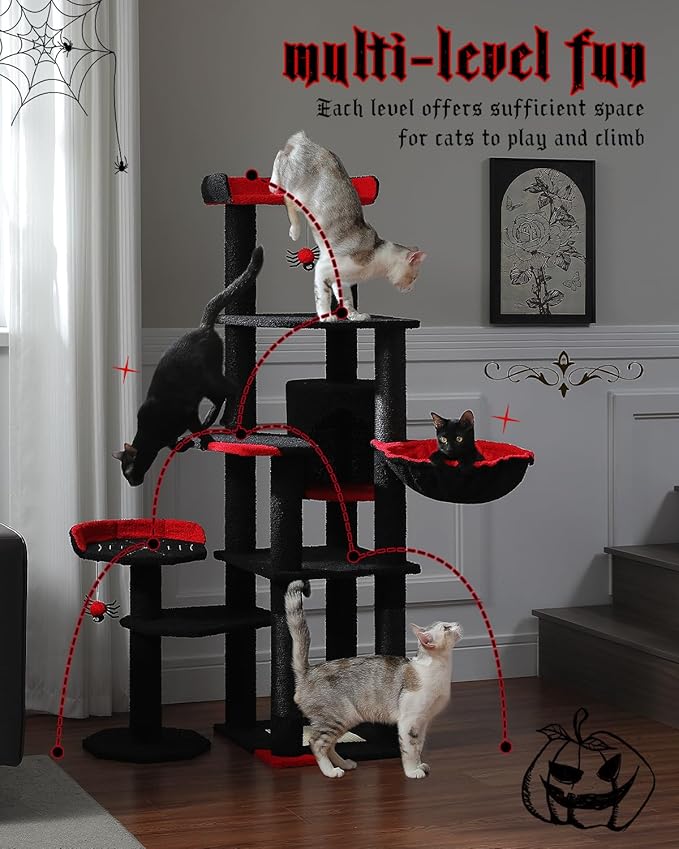 59" Gothic Cat Tree with Coffin Bed-Black Cat Tower for Indoor Cats with Spacious Cat Condo & Cozy Hammock, Spider Hanging Balls, Sisal Scratching Post and 2 Spooky Perches for Halloween