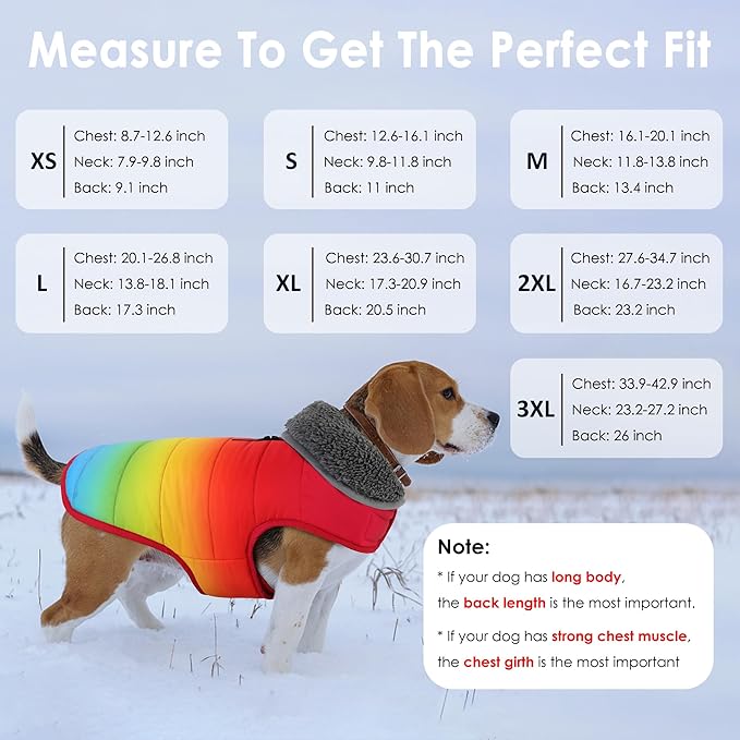Dog Winter Coat, Waterproof Dog Jacket with Leash Hole, Reflective Adjustable Pet Snow Vest, Warm Fleece Sweater for Small Medium Large Dogs - Rainbow, L