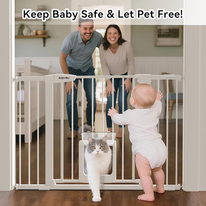 Baby Gate with Cat Door, 30" Tall Dog Gate with Cat Door Indoor, Adjustable Baby Gate for Doorways, Pressure Mounted Walk-Through Gate with Auto-Close & Double Lock, Fits 29.7-45.2 Inches