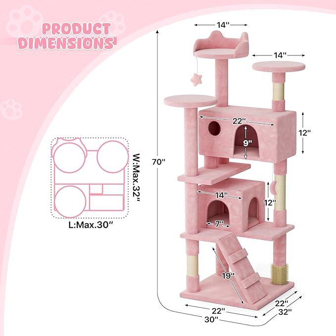Magshion Cat Tree 70" Cats Tower for Indoor Cats, Multi-Level Cat Condo with Scratching Post, Top Perch, Sisal Board and Dangling Ball, Cat Stand Jumping Platform Kittens Pet Play House (Pink)