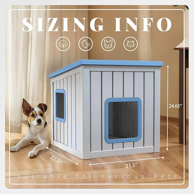 DRATO Outdoor Dog House Indoor and Outdoor Sloped Roof Resin Material with Weatherproof Roof Removable Floors for Small to Middle Sized Dogs Easy to Assemble（Blue，24.65 * 21.5 * 22.21