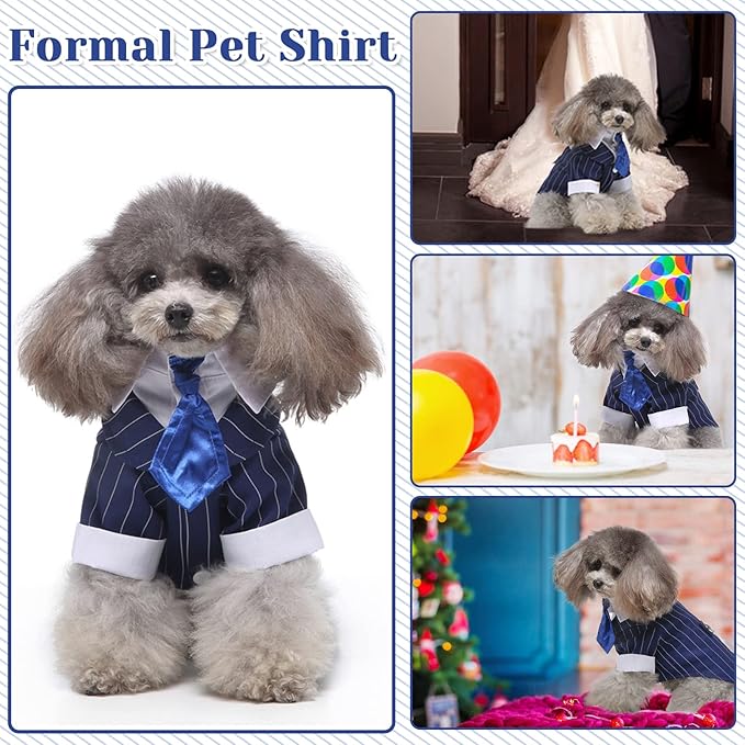 DENTRUN Navy Blue Dog Tuxedo - Formal Pinstripe Pet Suit Shirt with Satin Tie, Elegant Wedding Outfit Birthday Party Attire for Maltese Dachshund Yorkie Puppies Shih Tzu Small Medium Dogs, M