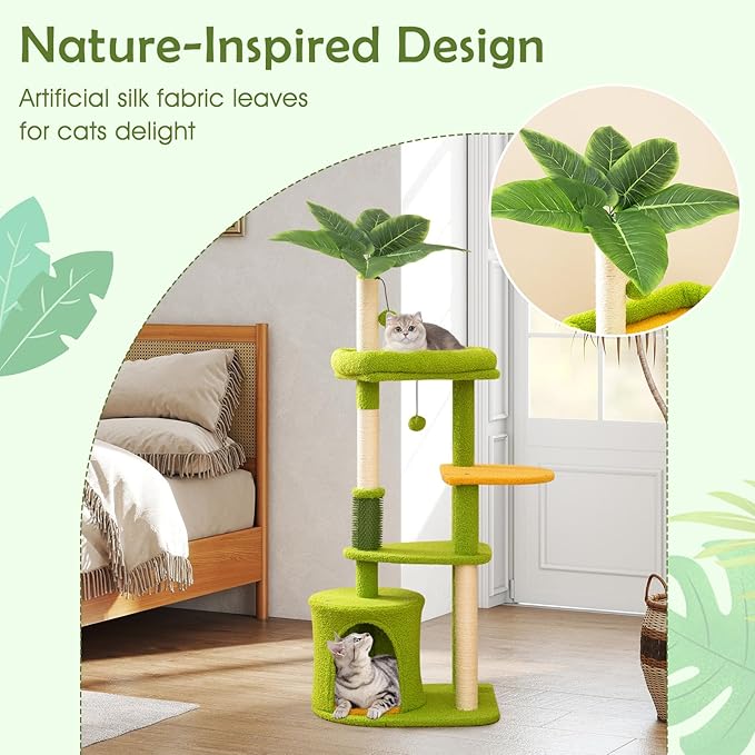 Tangkula Palm Cute Cat Tree, Cat Tower with Sisal Scratching Posts, Padded Top Perch, Condo, Self Groomer, Jumping Platforms & Dangling Balls, Unique Cat Tree Tower with Green Leaves for Indoor Cats