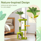 Tangkula Palm Cute Cat Tree, Cat Tower with Sisal Scratching Posts, Padded Top Perch, Condo, Self Groomer, Jumping Platforms & Dangling Balls, Unique Cat Tree Tower with Green Leaves for Indoor Cats