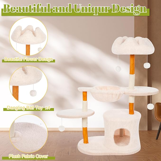 Cute Cat Tree Tower for Indoor Cats Adult, Wood Flower Cat Trees with Cat Hammock, Modern Cat Tree Tower with Scratching Post, Aesthetic Luxury Cats Condo for Cats Kitten(Alpine White)