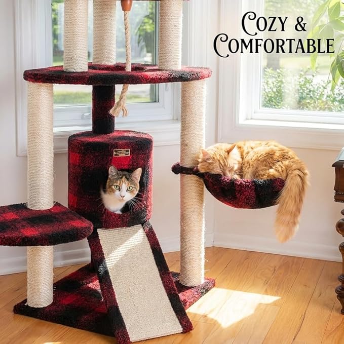 Multi-Level Cat Tree with Natural Sisal Scratching Posts, Plush Condo, Perches and Hanging Toy, Red Buffalo Plaid, 58" Height