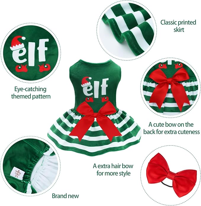 CuteBone Elf Dog Dresses Velvet Holiday Small Dogs Clothes Onesie Pet Apparel Girl Puppy Skirt with Bow Hair Rope CVA55M-D