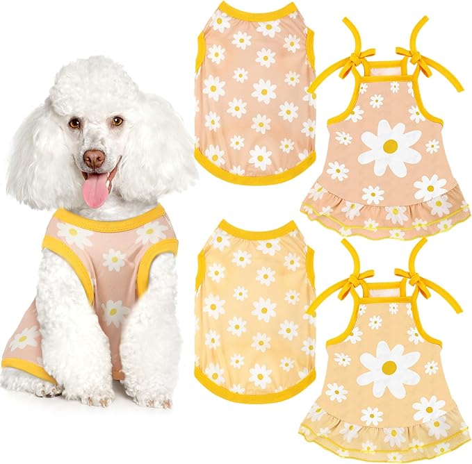 Frienda 4 Pieces Dog Clothes Set Include 2 Pcs Cute Pet Dress Lovely Dog Dress and 2 Pcs Breathable Pet T Shirt Puppy Clothes(Daisy,Small)