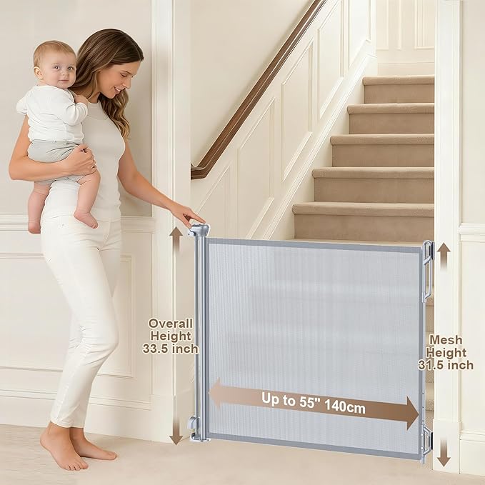 Retractable Baby Gate for Stairs & Doorways - 55" Wide Portable Safety Gate | Fits Baseboards, Easy to Use Indoor/Outdoor | Mesh Gate for Dogs, Puppies, Gray