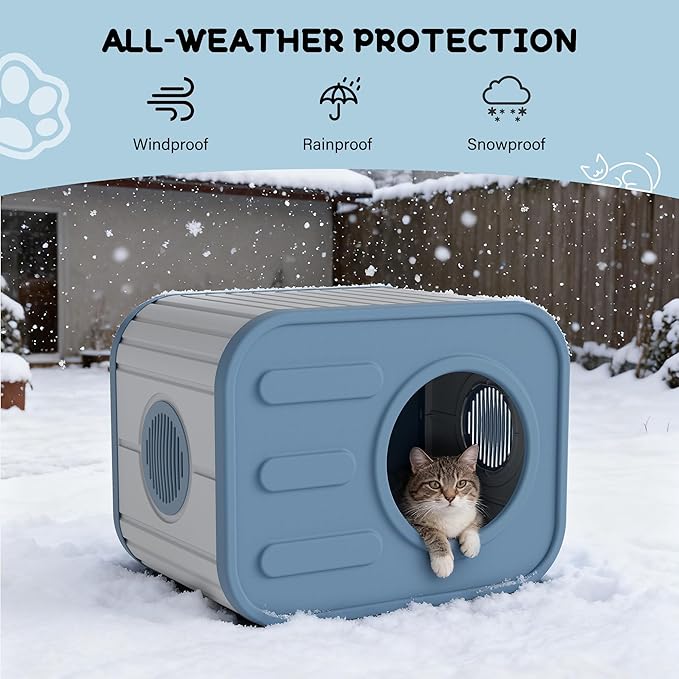 NUNU LAB Plastic Cat House Outdoor, Cats House for Indoor, Weatherproof Cat House, Camera Shaped Design, with Escape Door, for Small to Medium Cats (Blue)
