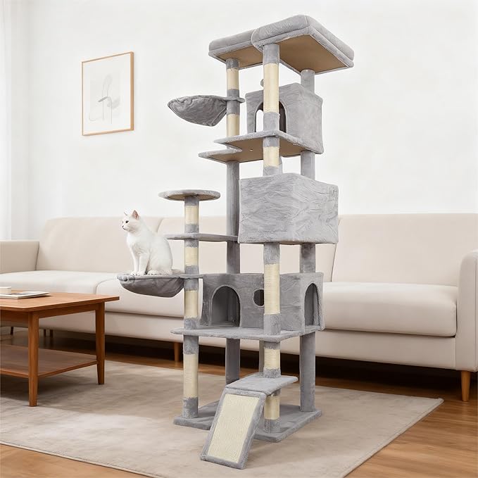 Light Gray 84in Heavy Duty Cat Tree, Cat Tree Tower for Indoor Cats Large Adult, Extra Cat Tower with 12 Sisal Scratching Post, Large Top Platform, Hammock, Cat Condo for Kittens