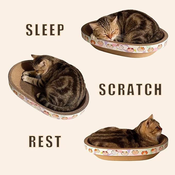 2PCS Cat Cardboard Scratcher with Toys, Oval 16.7" x 12.8" Kitty Scratching Board for Indoor Kitten Play Scratch Bed Sofa Furniture Protector