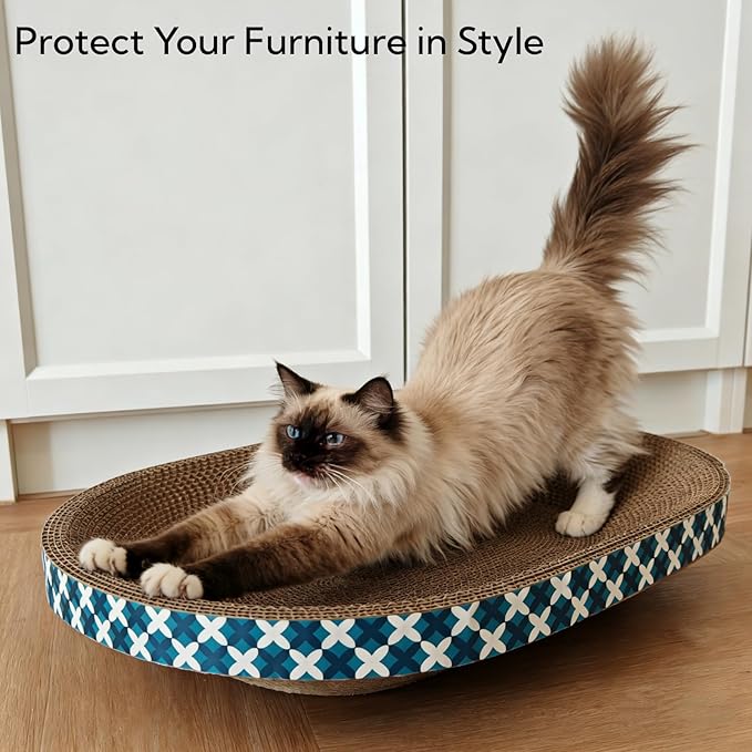 Cat Scratcher Bed with Toys, 2 Pack Oval Cat Scratcher Cardboard, Indoor Cat Scratch Bowl, Large Pad Cat Scratching Board with Catnip Fish Toy & Feather Wand for Furniture Protector