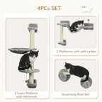 PawHut 4Pcs Wall Mounted Cat Shelves, Cat Climber with Hammock, Perches, Ladder, Scratching Post, Cat Wall Furniture for Large Cats, Grey