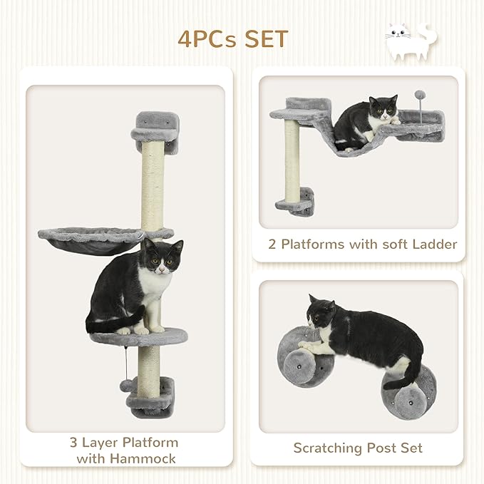 PawHut 4Pcs Wall Mounted Cat Shelves, Cat Climber with Hammock, Perches, Ladder, Scratching Post, Cat Wall Furniture for Large Cats, Grey