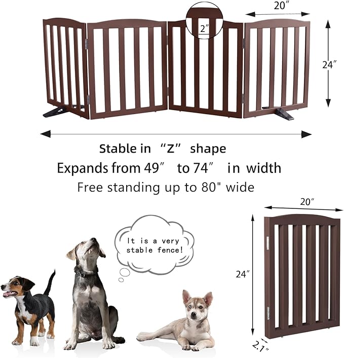 Freestanding Dog Gate Indoor,Doggie Gate Foldable Pet Gates for Doorways,Stairs or Hallways, Wooden Brown Pet Gate for the House, Pet Fence with Support Feet Included,24 "Height-4 Panels