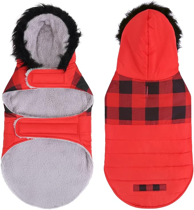 HDE Dog Puffer Jacket Fleece Lined Warm Dog Parka Winter Coat with Harness Hole Buffalo Plaid - L