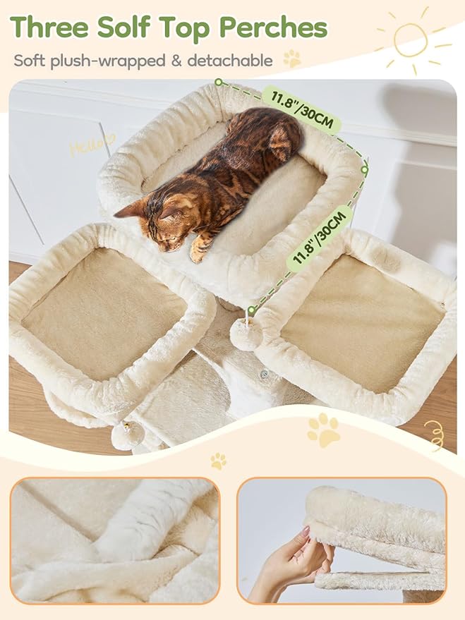Taoqimiao 76-Inch Cat Tree with Scratching Posts,XXL Cat Tower for Large Cats with Cat Scratching Board,Extra-Large Metal Hammock,3 Perches, 2 Big Condos, Hanging Basket, MS047M, Beige