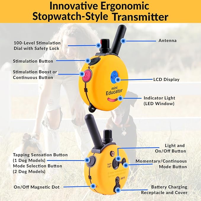 Educator 1/2 Mile Remote Dog Training System Plus E-Collar 101 Training DVD, Safe Humane Stimulation, Pavlovian Tone, Waterproof, Odorproof Biothane Collar, Night Light, Rechargeable, 2 Dog, Yellow