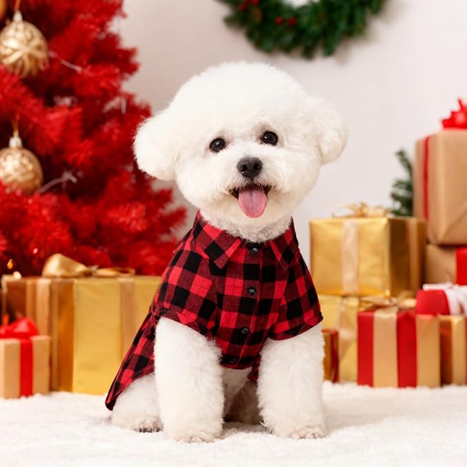 PUPTECK Plaid Dog Shirt, Cute Puppy Cat Polo T-Shirt, Soft Pet Clothes Boy for Small Medium Dogs, Square Red, S