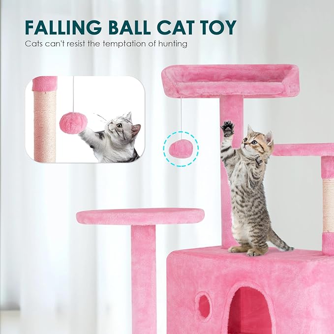 Cat Tree 53 inches Cat Tower for Indoor Cats Cat House with Replaceable and Removable Dangling Ball Cat Trees and Towers with Funny Toys, Pink
