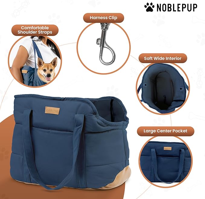 Plush Dog Purse Carrier for Small Dogs, Soft Dog Tote Bag with Safety Harness Clip, Cozy Pet Carrier for Dogs Under 15 lbs, Comfortable Dog Shoulder Carrier for Travel, Dark Blue