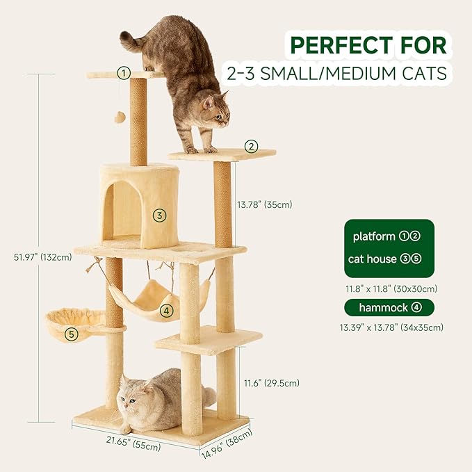 Deluxe Cat Tree Tower, 132cm Multi-Level Climbing Structure with Condo, Hammocks, Platforms, Beige Plush, Indoor Activity Center