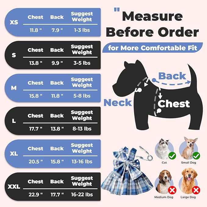 PETCARE Cute Dog Dress Clothes for Small Dogs Cats Girl Female Blue Plaid Bow Tie Dog Harness Dresses Leash Set with Pearls Bow Accessories Birthday Puppy Dress Shih Tzu Yorkies Chihuahua Outfits